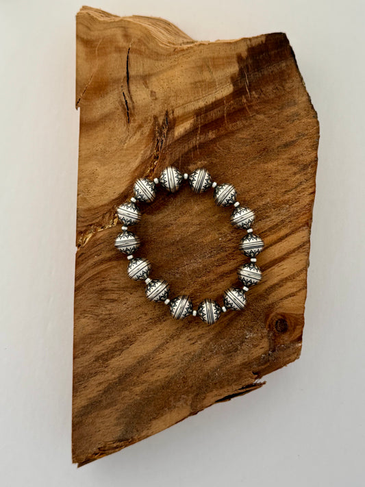 Silver Stamped Oxy Bead Bracelet -Length- Stretch - 12mm Beads