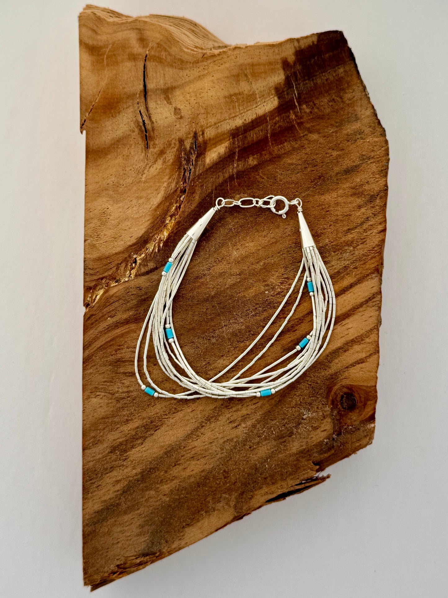 Liquid Silver 10 strand Bracelet with Turquoise -Length 7-8"