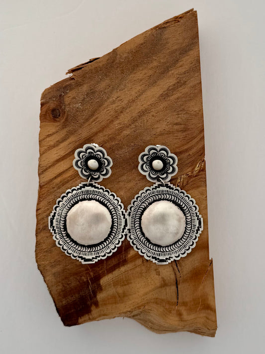 Sterling Silver Blossom Concho Earrings  -Artist Leander Tahe