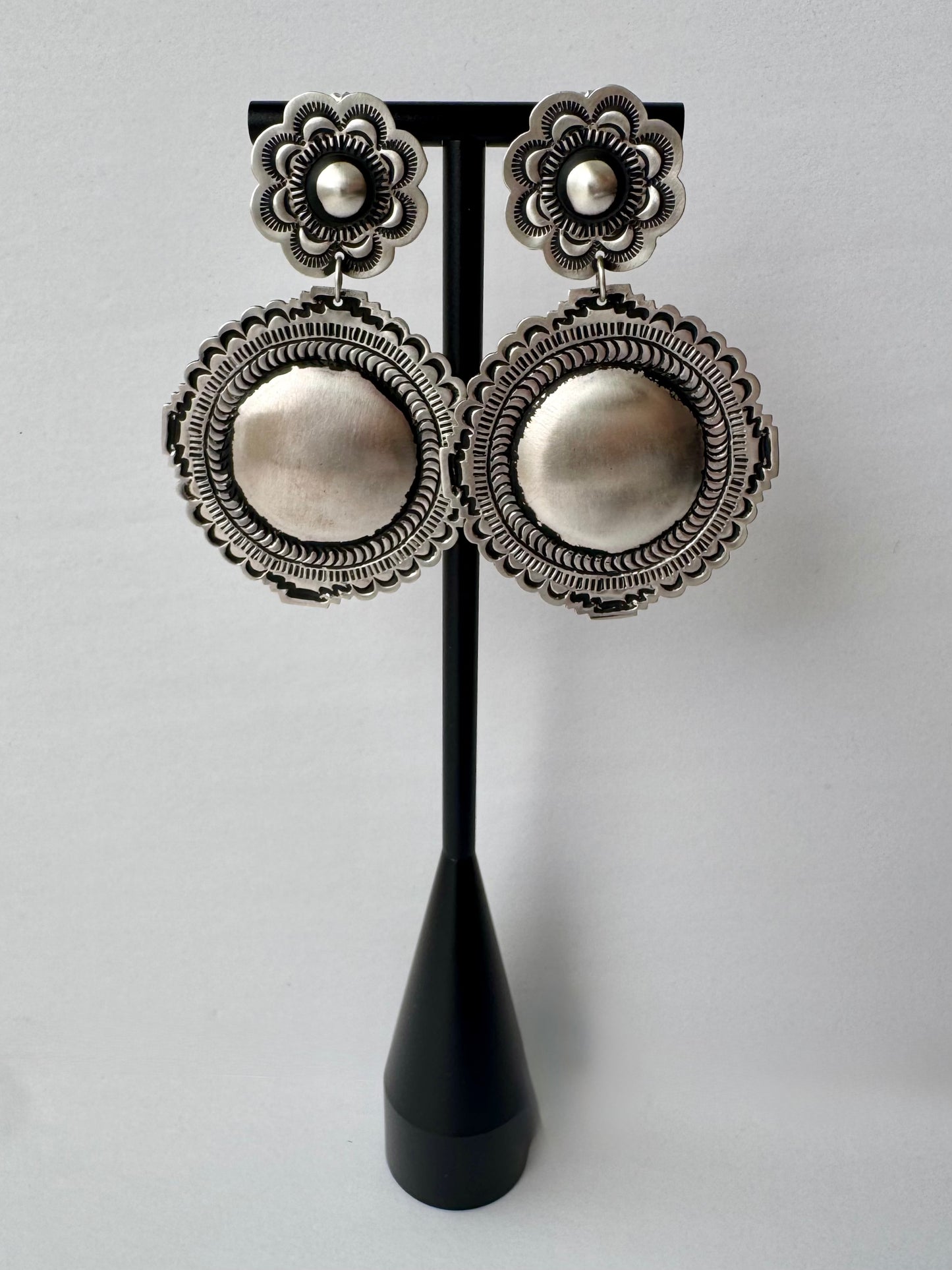 Sterling Silver Blossom Concho Earrings  -Artist Leander Tahe