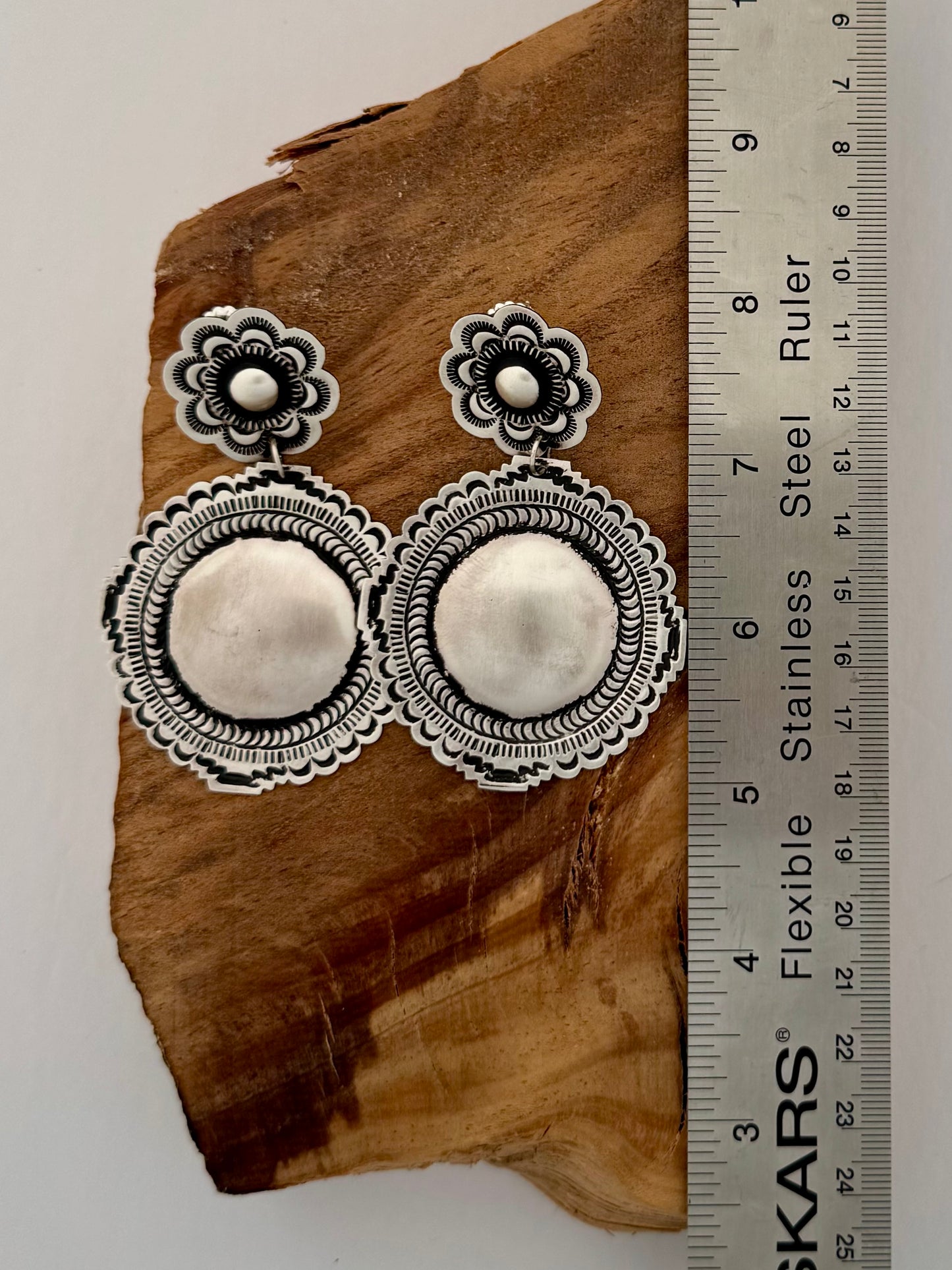 Sterling Silver Blossom Concho Earrings  -Artist Leander Tahe