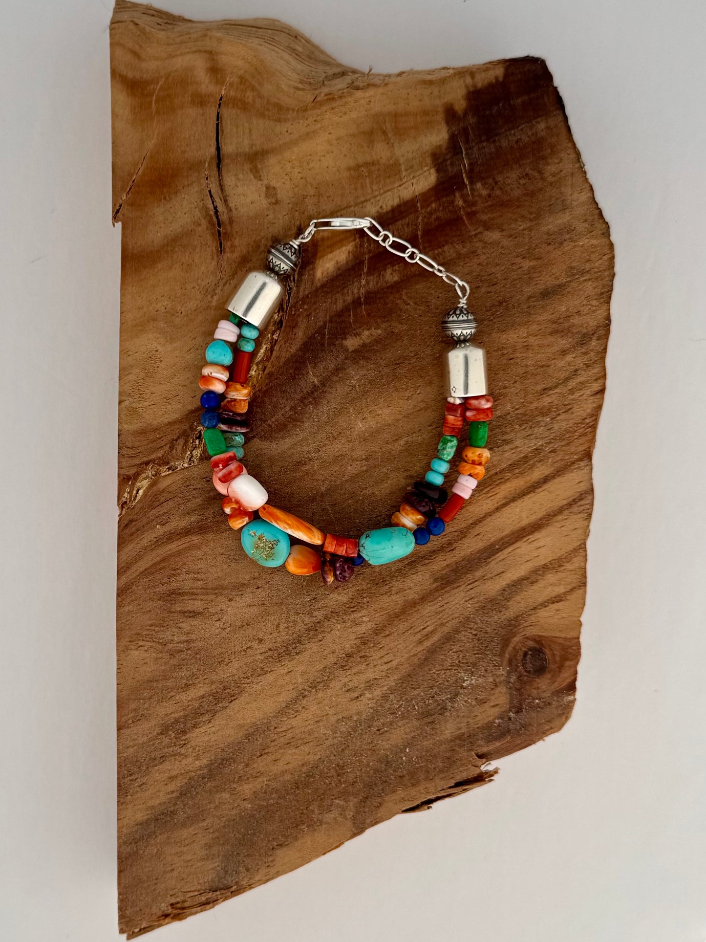 Treasure 2 strand Bracelet with 1" Extender - Length 7-8" Pink Conch, Spiny Oyster, Turquoise, Lapis beads