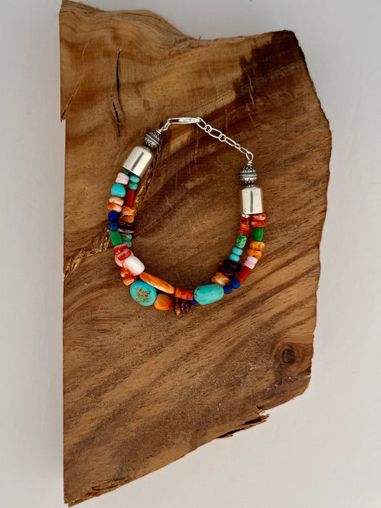 Treasure 2 strand Bracelet with 1" Extender - Length 7-8" Pink Conch, Spiny Oyster, Turquoise, Lapis beads