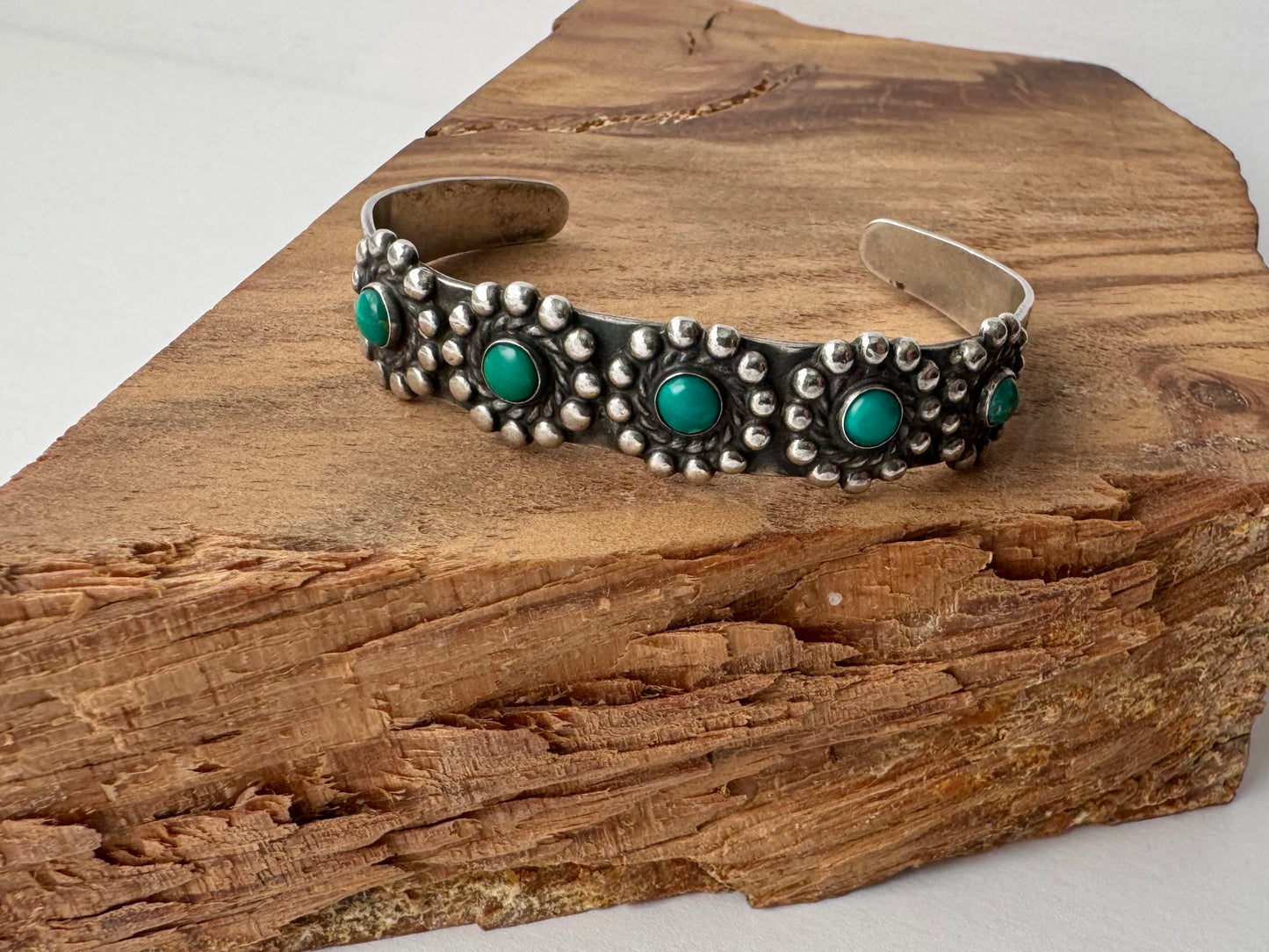 Vintage Silver Flower Cuff with Turquoise - Native No stamp- Size 6.5" with opening