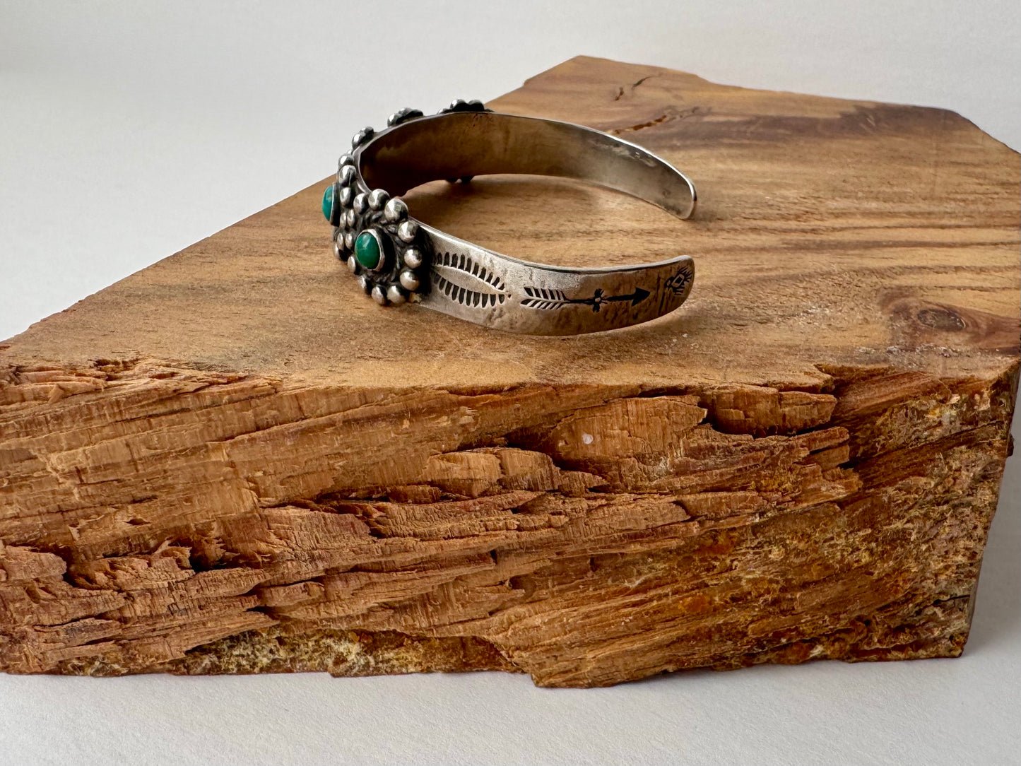 Vintage Silver Flower Cuff with Turquoise - Native No stamp- Size 6.5" with opening