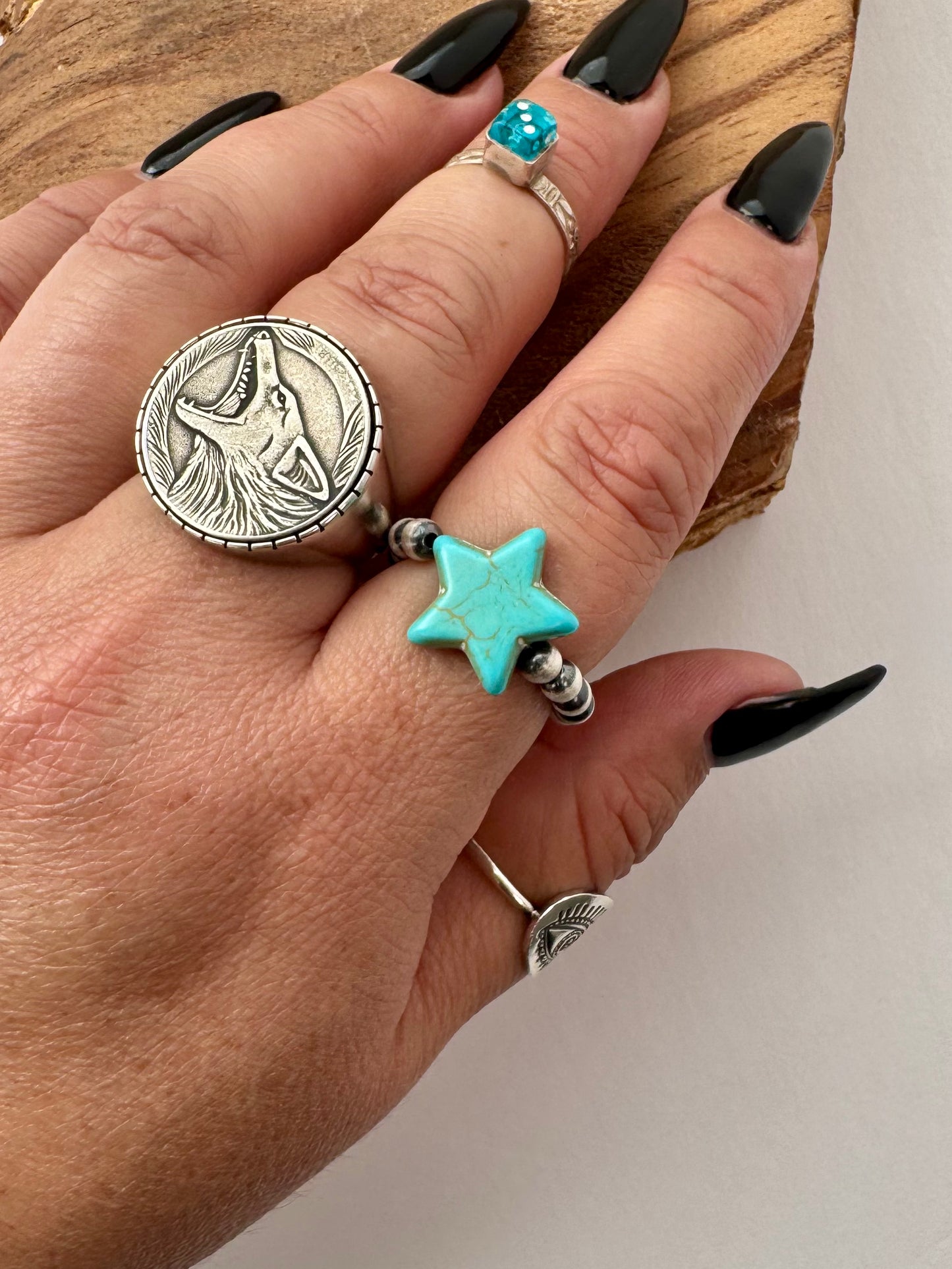 Turquoise Star on Oxybead Stretch Ring -Fits size 9 and 10