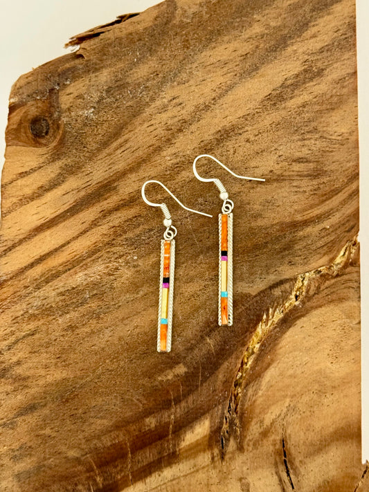 Orange Inlay Dangling Earrings - Sterling Silver - Native Handmade - BARNE (artist)