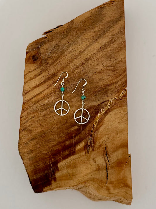 Peace Dangle Earrings - Turquoise Bead - Sterling Silver