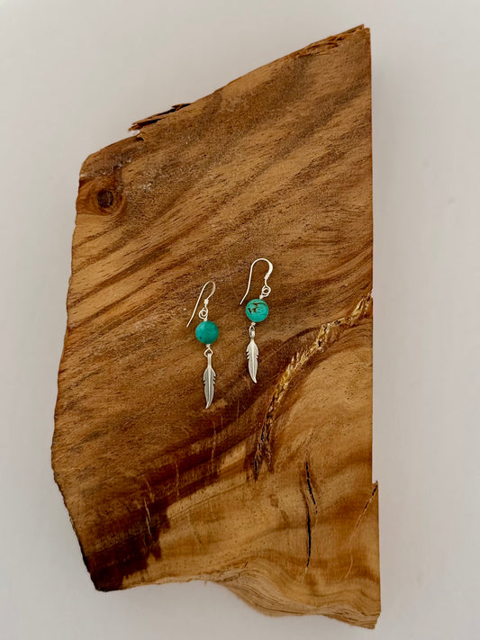 Turquoise & Feather Dangle Earrings- Sterling Silver