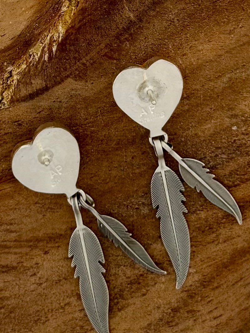 Orange Spiny Oyster with Feathers Dangling Earrings - Sterling Silver - Native Handmade - AP (artist)
