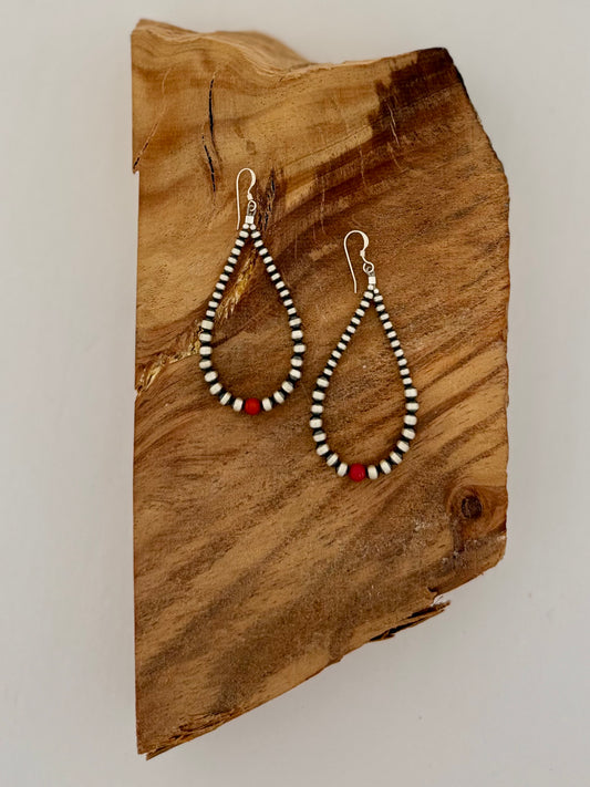 Sterling Oxybead Dangling Earrings with Red Bead - Sterling Silver