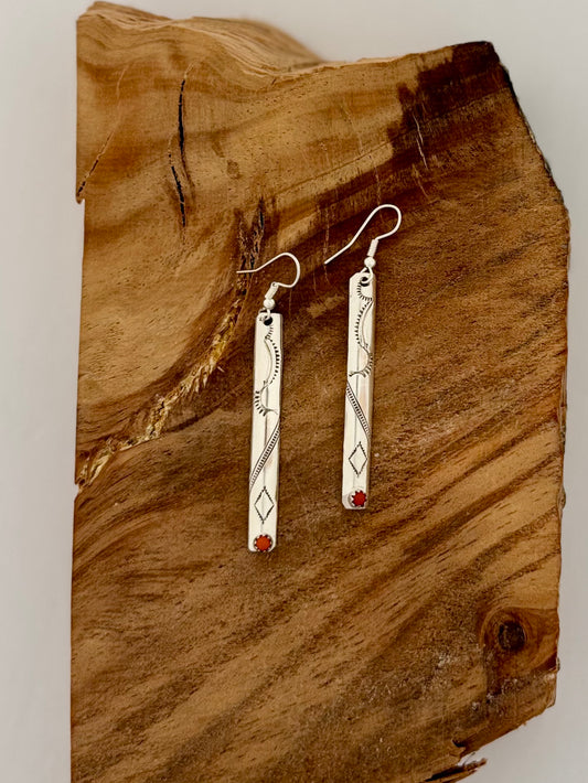 Long Dangling Earrings with Red Coral - Sterling Silver - Native Handmade