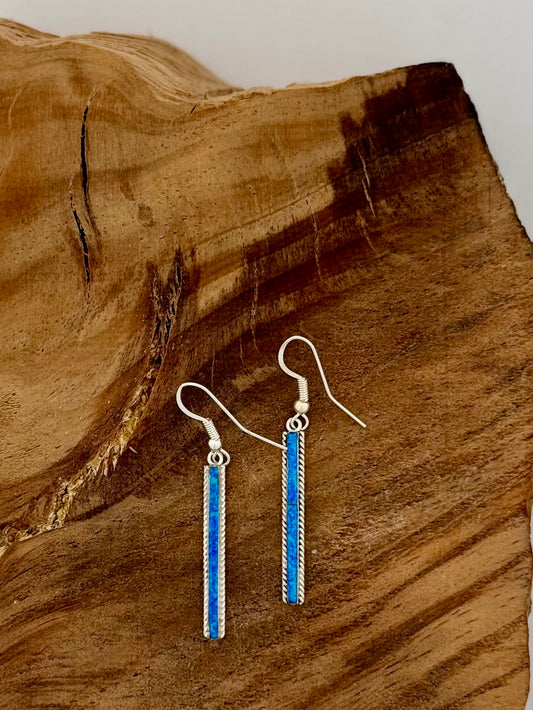 Long Bar Dangling Blue Opal Earrings - Sterling Silver - Native Handmade - BARNE (artist)