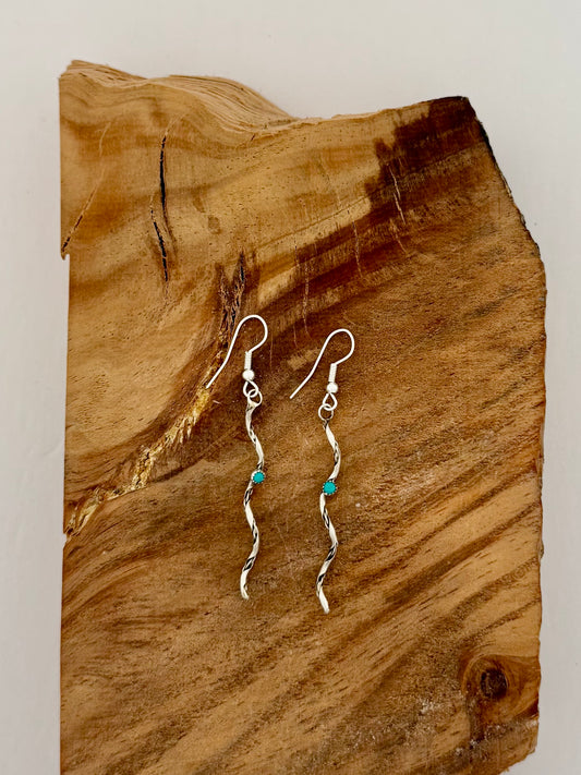 Coil Dangling Earrings with Turquoise - Sterling Silver - Native Handmade