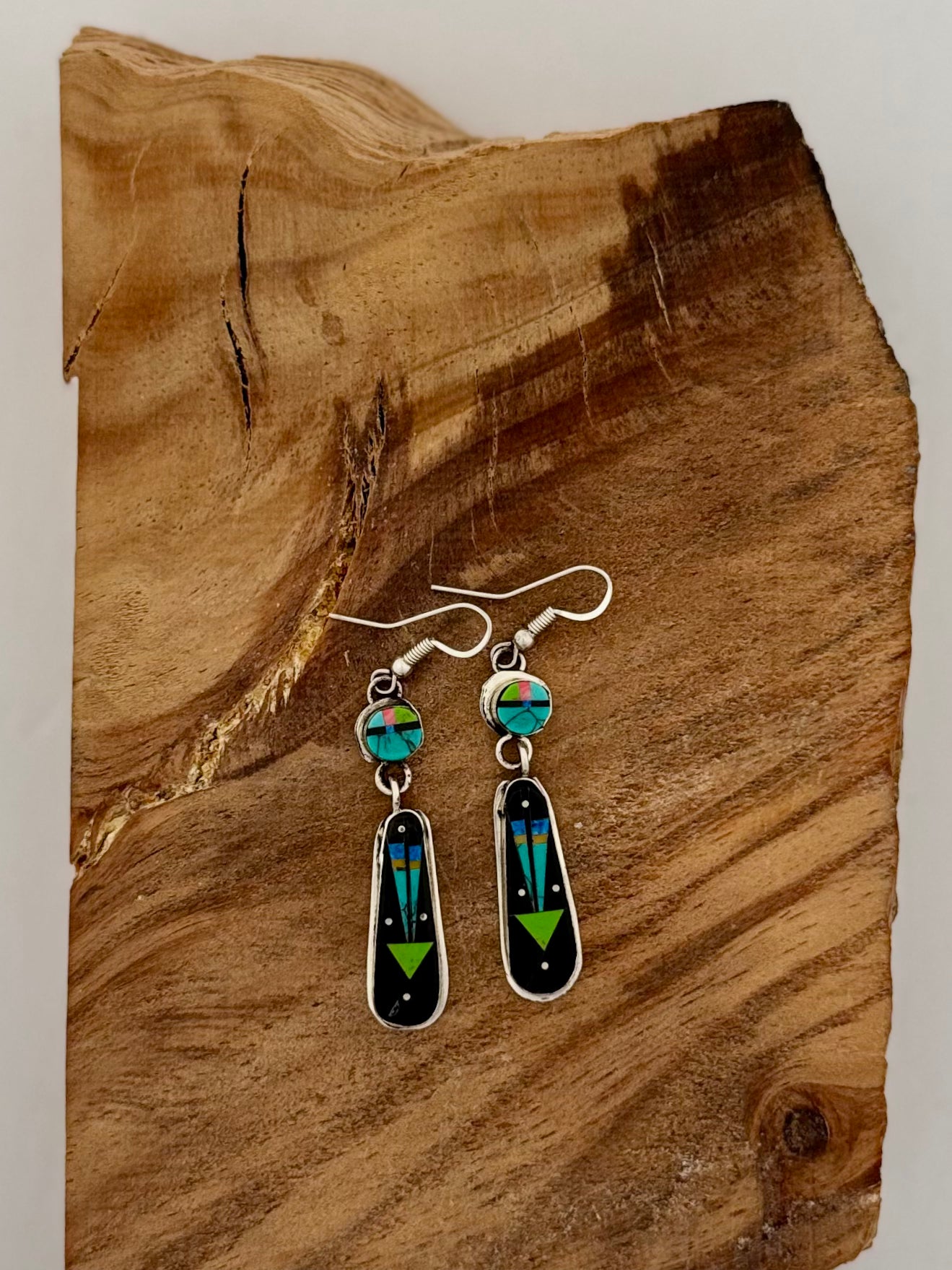 Stone Inlay Dangling Earrings - Sterling Silver - Native Handmade - Gilbert Smith (artist)