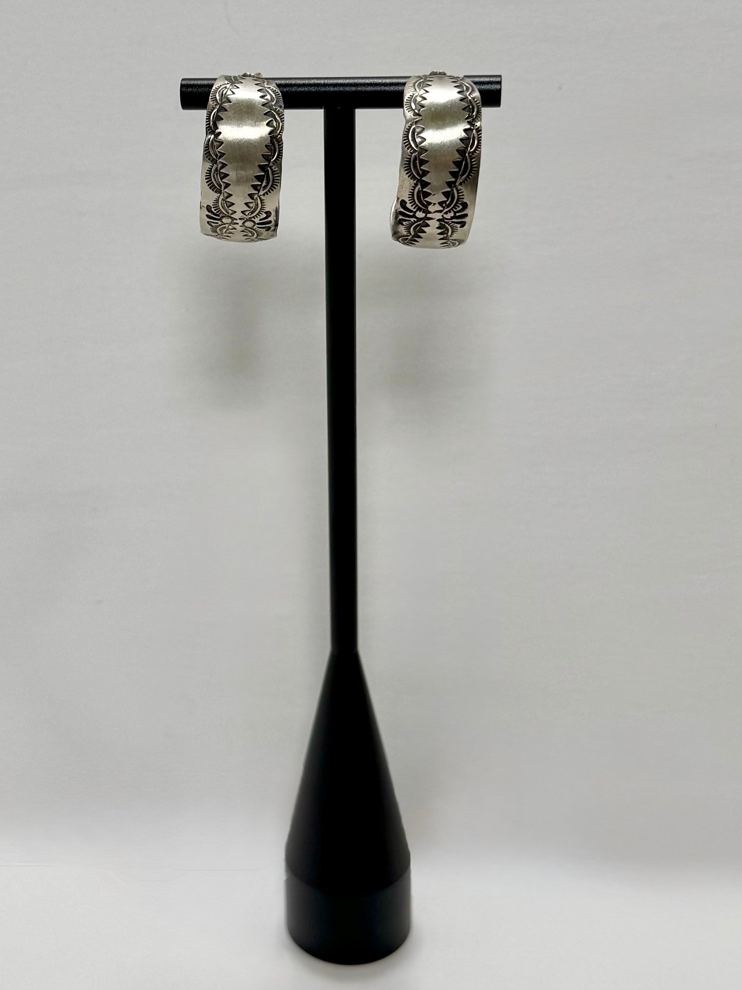Thick Hoops with Stamped Design Earrings- Sterling Silver - Native Handmade - VJP (artist)