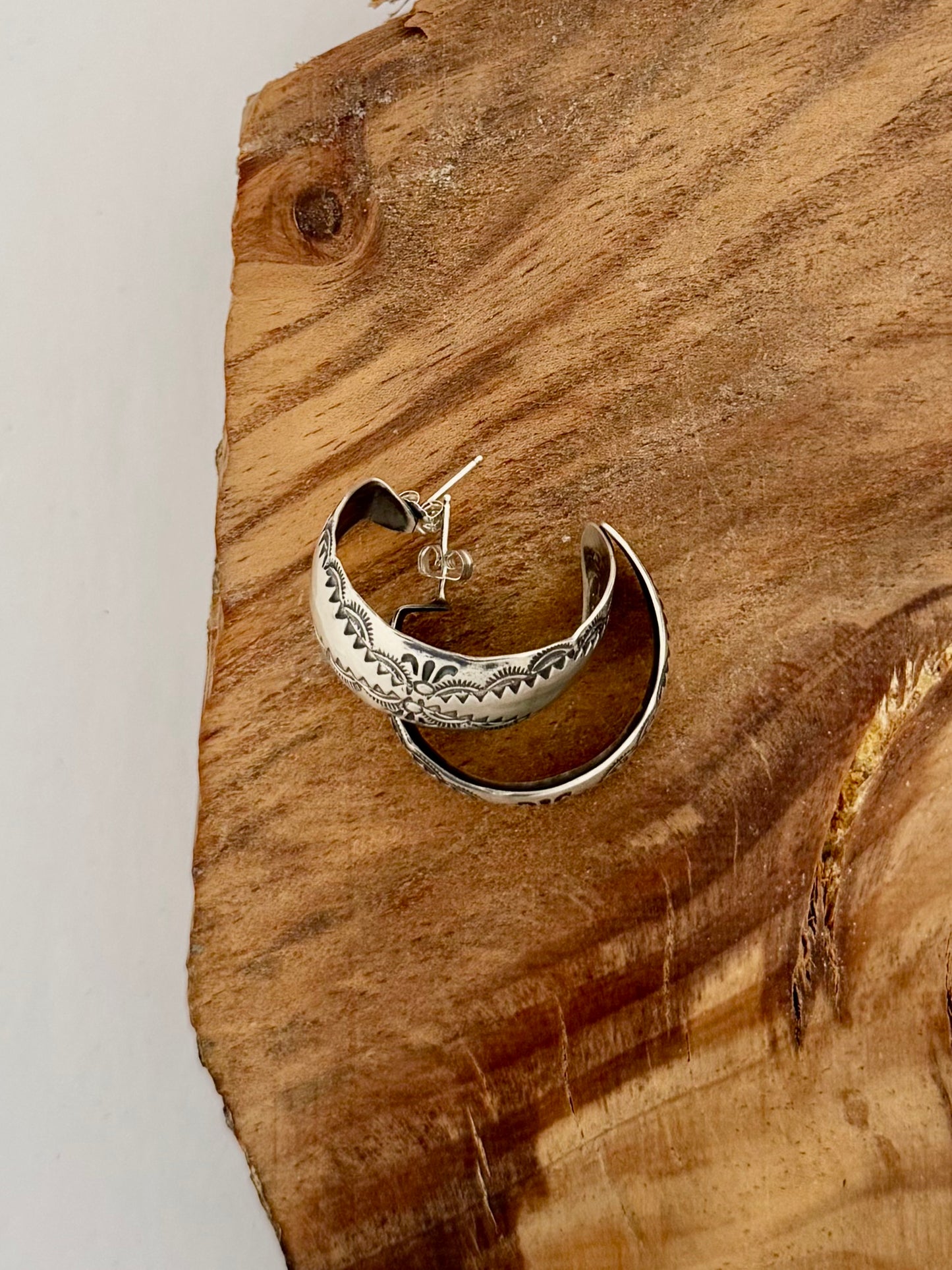 Thick Hoops with Stamped Design Earrings- Sterling Silver - Native Handmade - VJP (artist)