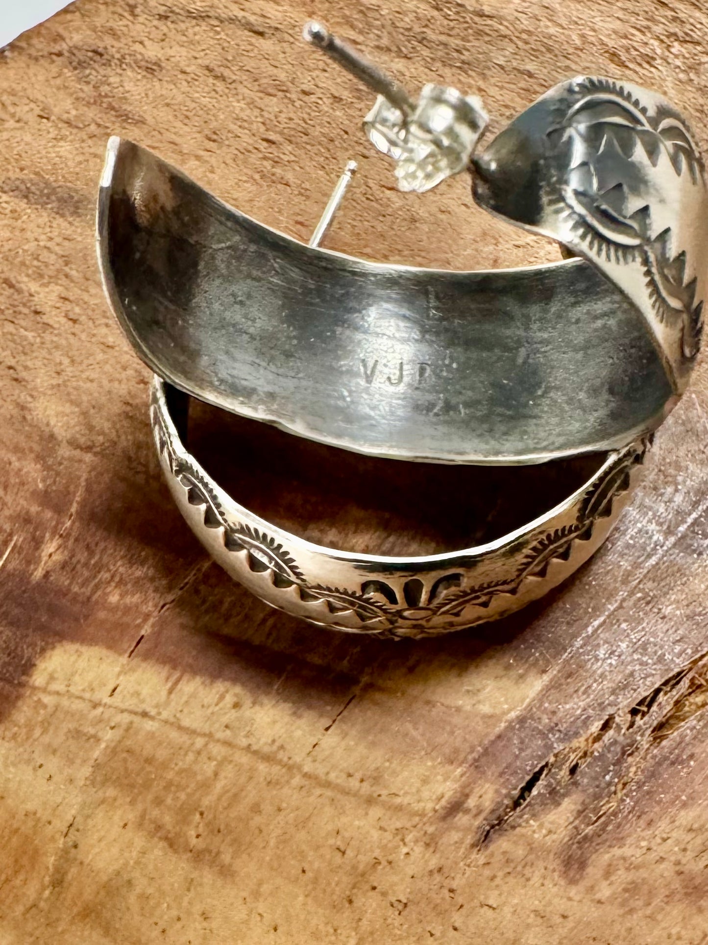 Thick Hoops with Stamped Design Earrings- Sterling Silver - Native Handmade - VJP (artist)
