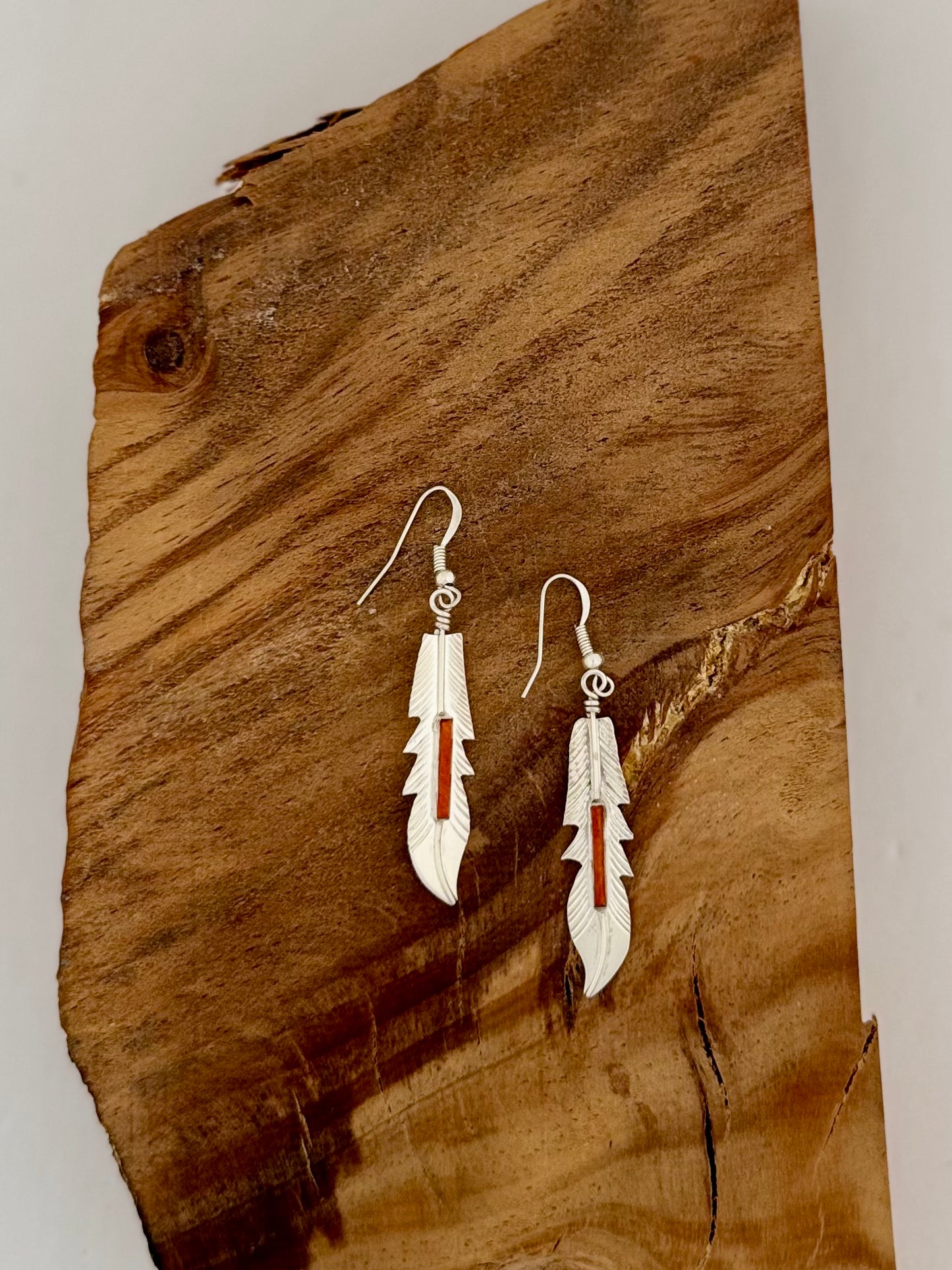 Feather Earrings with Orange Spiny Oyster - Sterling Silver - Native Handmade - BARNE (artist)