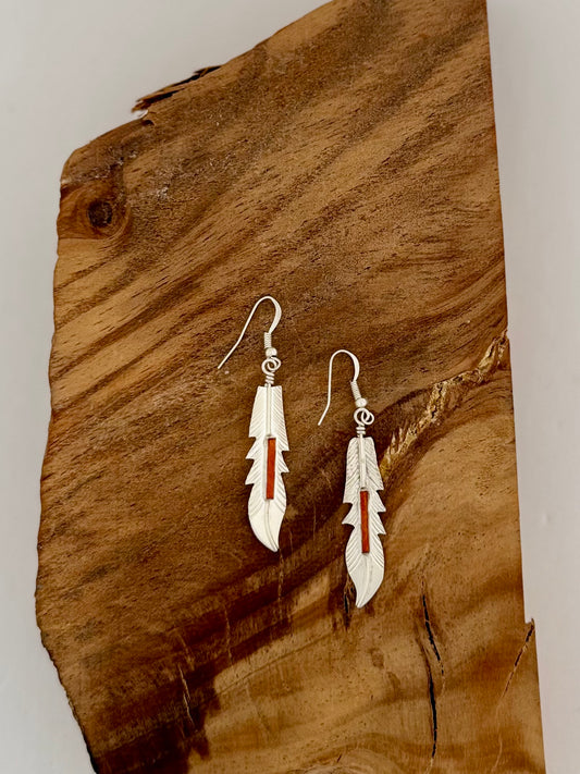 Feather Earrings with Orange Spiny Oyster - Sterling Silver - Native Handmade - BARNE (artist)