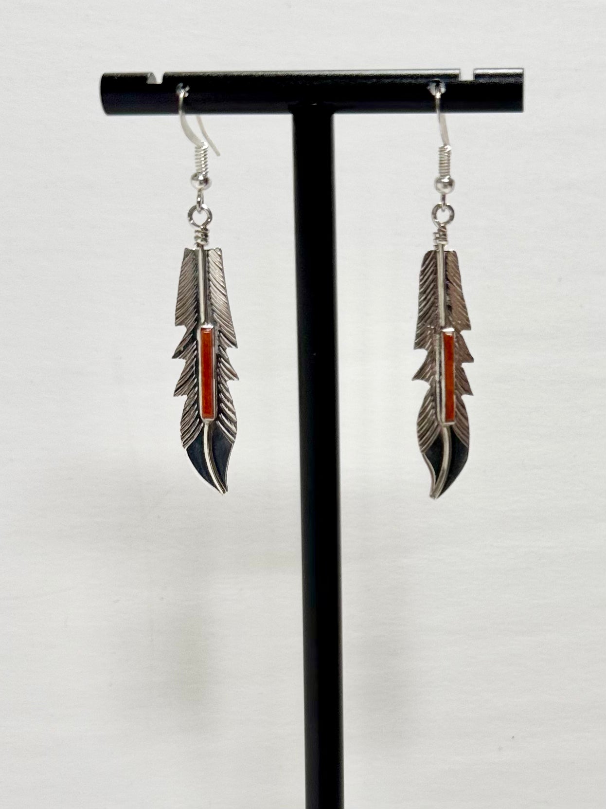 Feather Earrings with Orange Spiny Oyster - Sterling Silver - Native Handmade - BARNE (artist)