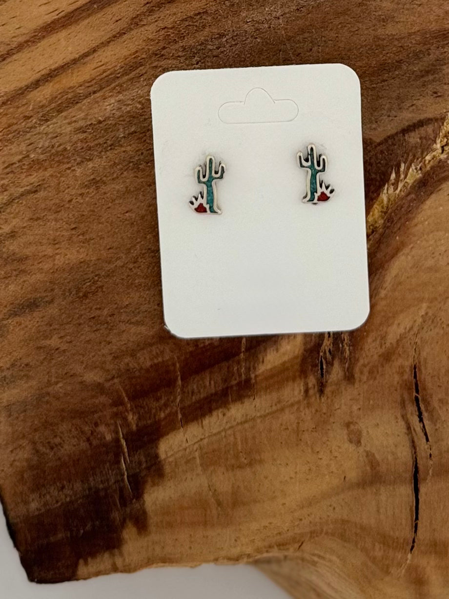 Inlay Cactus Post Earrings - Sterling Silver