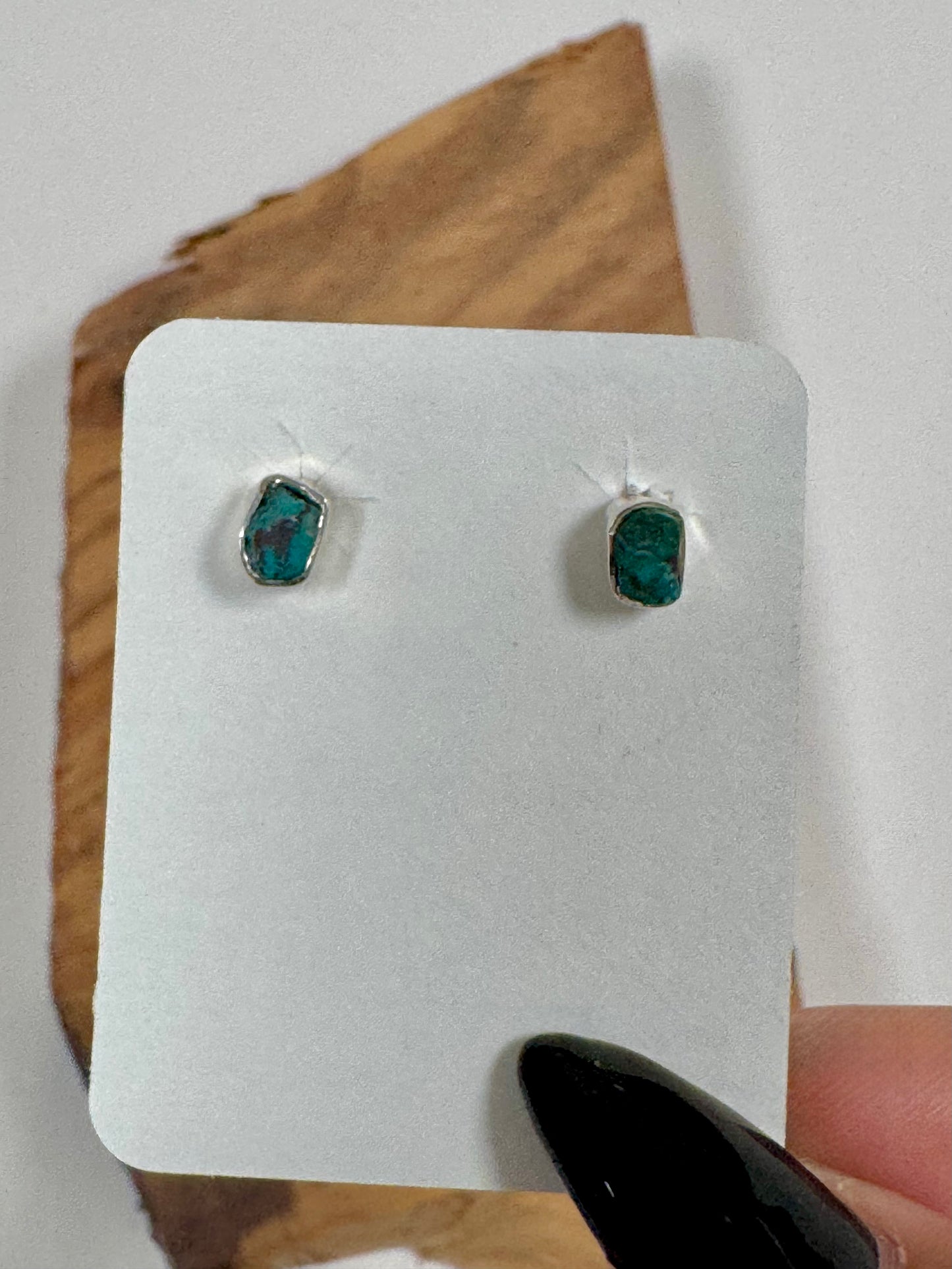 Unpolished Chrysocolla Rectangular Stud Earrings - Sterling Silver