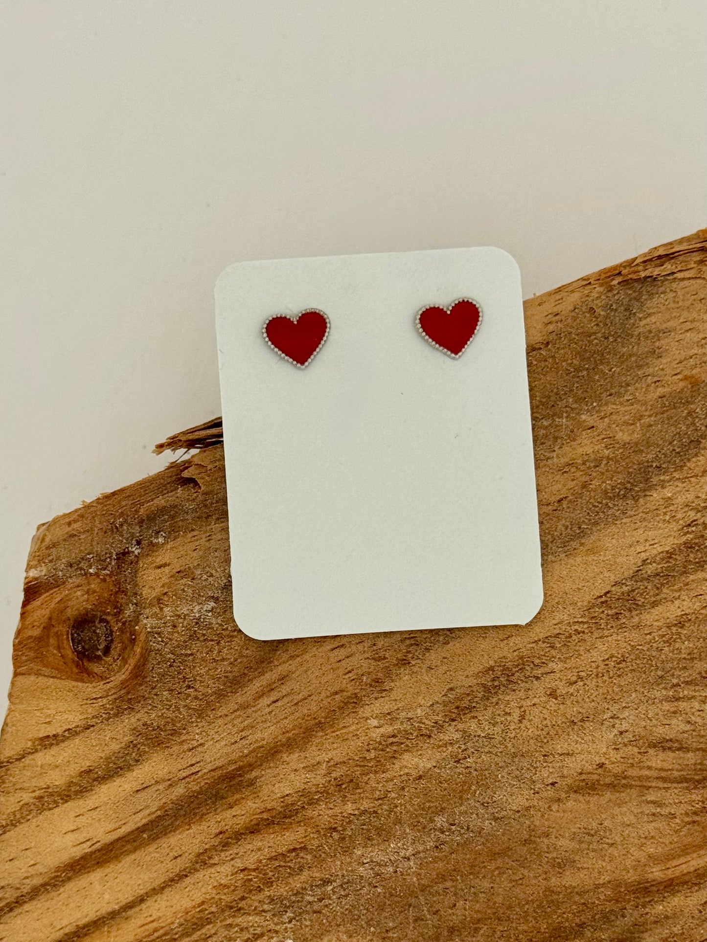 Enamel Red Heart Screw Back Earrings - Sterling Silver - Rhodium Plated