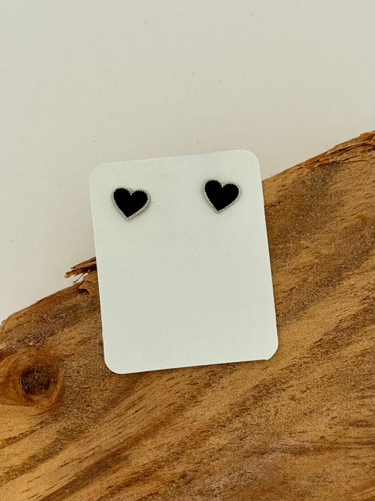 Enamel Black Heart Screw Back Earrings - Sterling Silver - Rhodium Plated