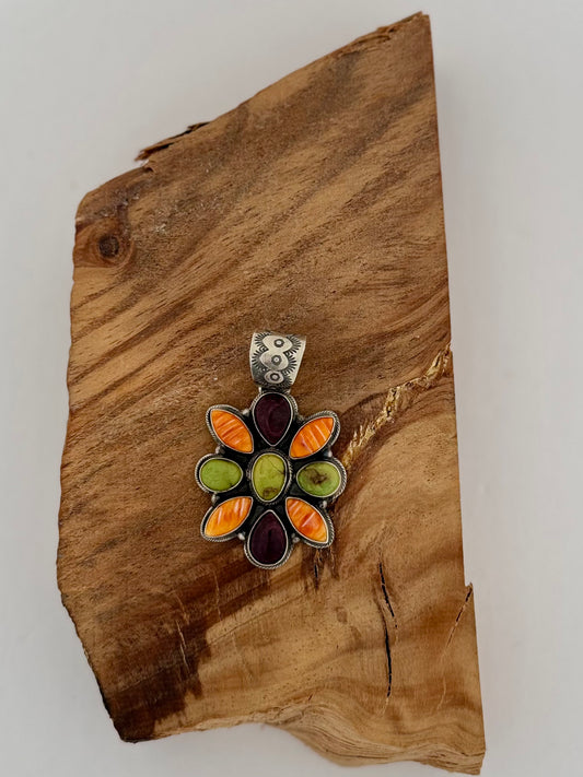 Multi Stone Pendant - Spiny Oyster (Orange, Purple) and Turquoise - Sterling Silver - Native Handmade - Bob Becenti (artist)