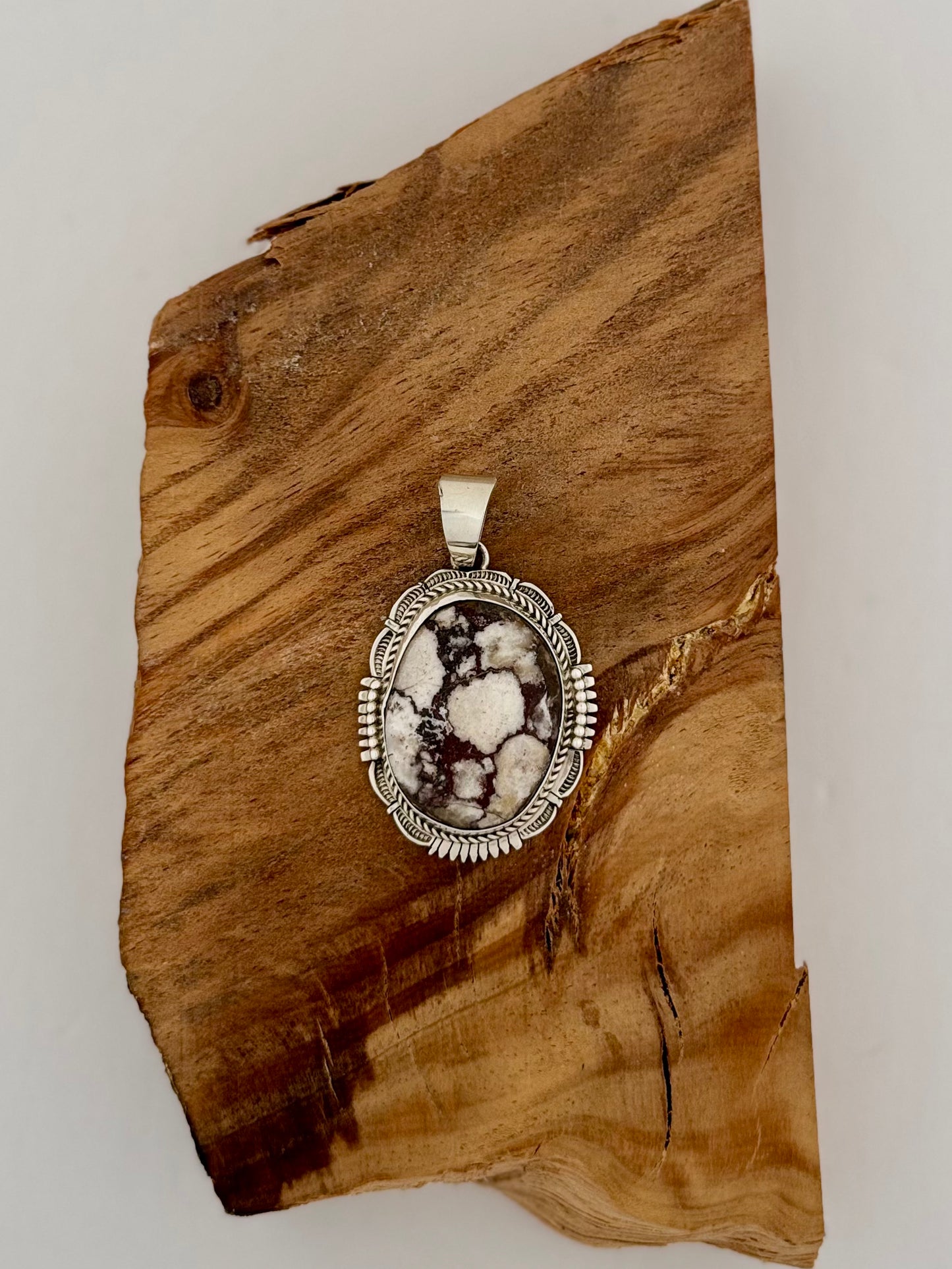 Oval Pendant with Scallops - White Horse - Sterling Silver - Native Handmade - Bennie Ration (artist)
