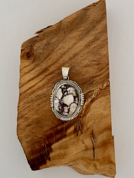 Oval Pendant with Scallops - White Horse - Sterling Silver - Native Handmade - Bennie Ration (artist)