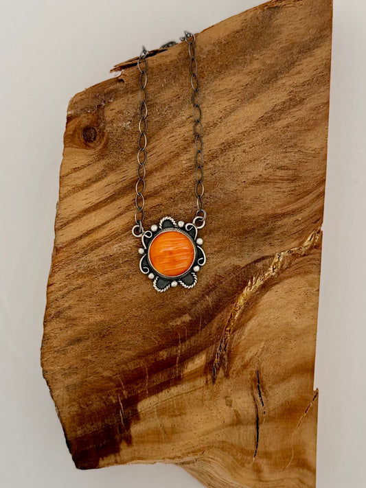 Orange Spiny Oyster Necklace - Sterling Silver - Native Handmade - Jimmy Garcia (artist)