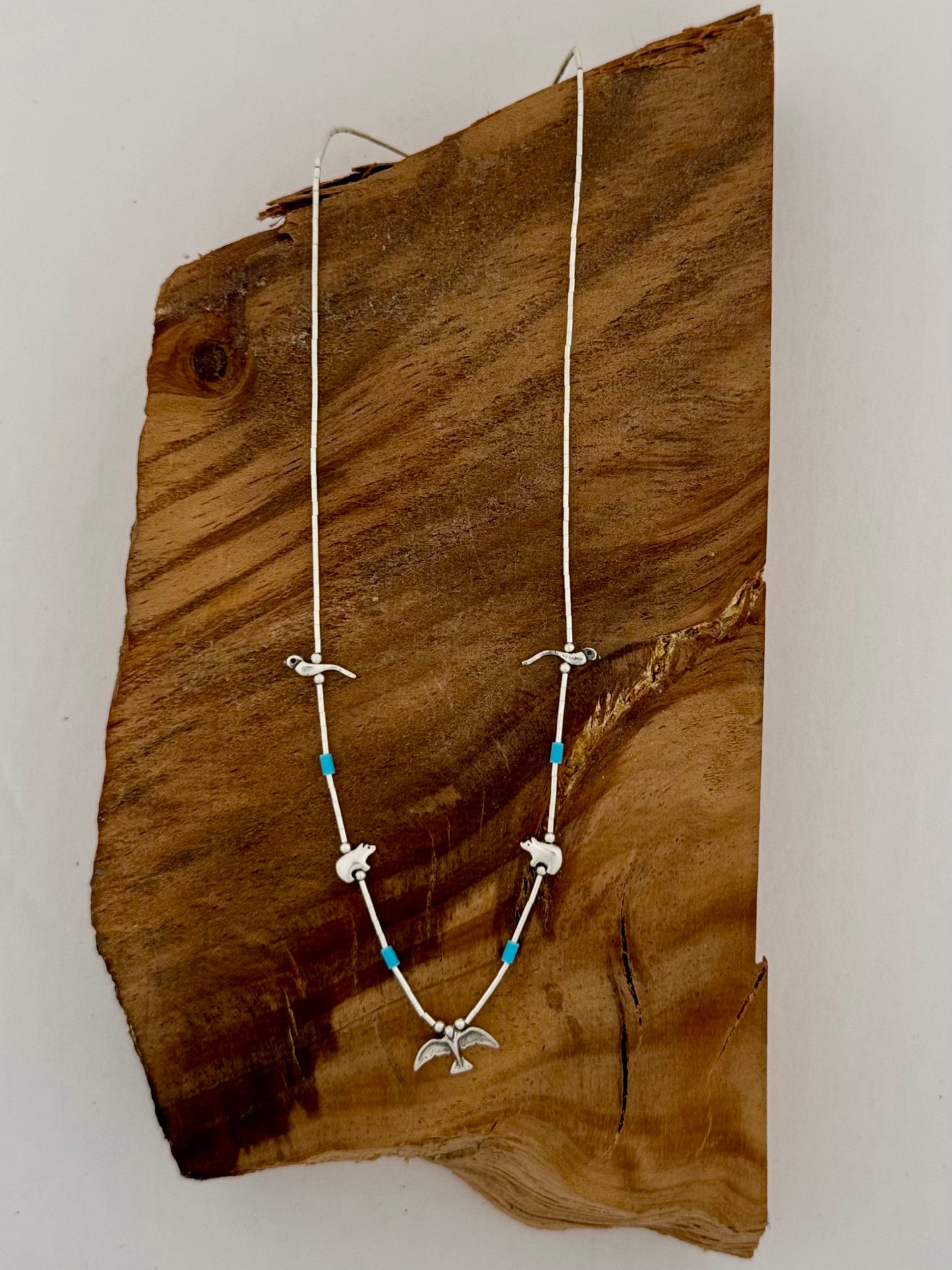 Fetish Multi Animal Liquid Silver Necklace - Blue Beads - Sterling Silver
