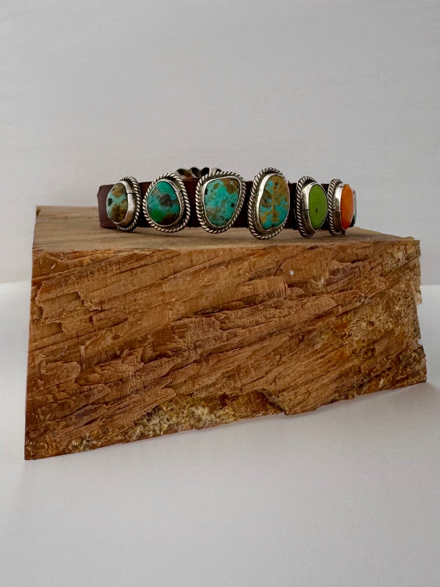 Leather Sampler Stone Bracelet - Turquoise and Spiny Oyster - Sterling Silver - Dan Morgan (artist)