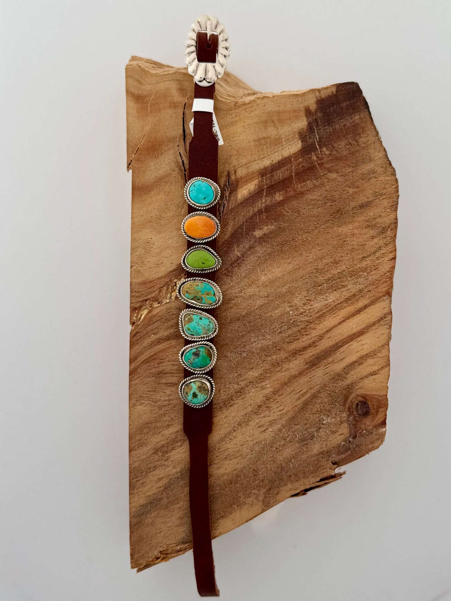 Leather Sampler Stone Bracelet - Turquoise and Spiny Oyster - Sterling Silver - Dan Morgan (artist)