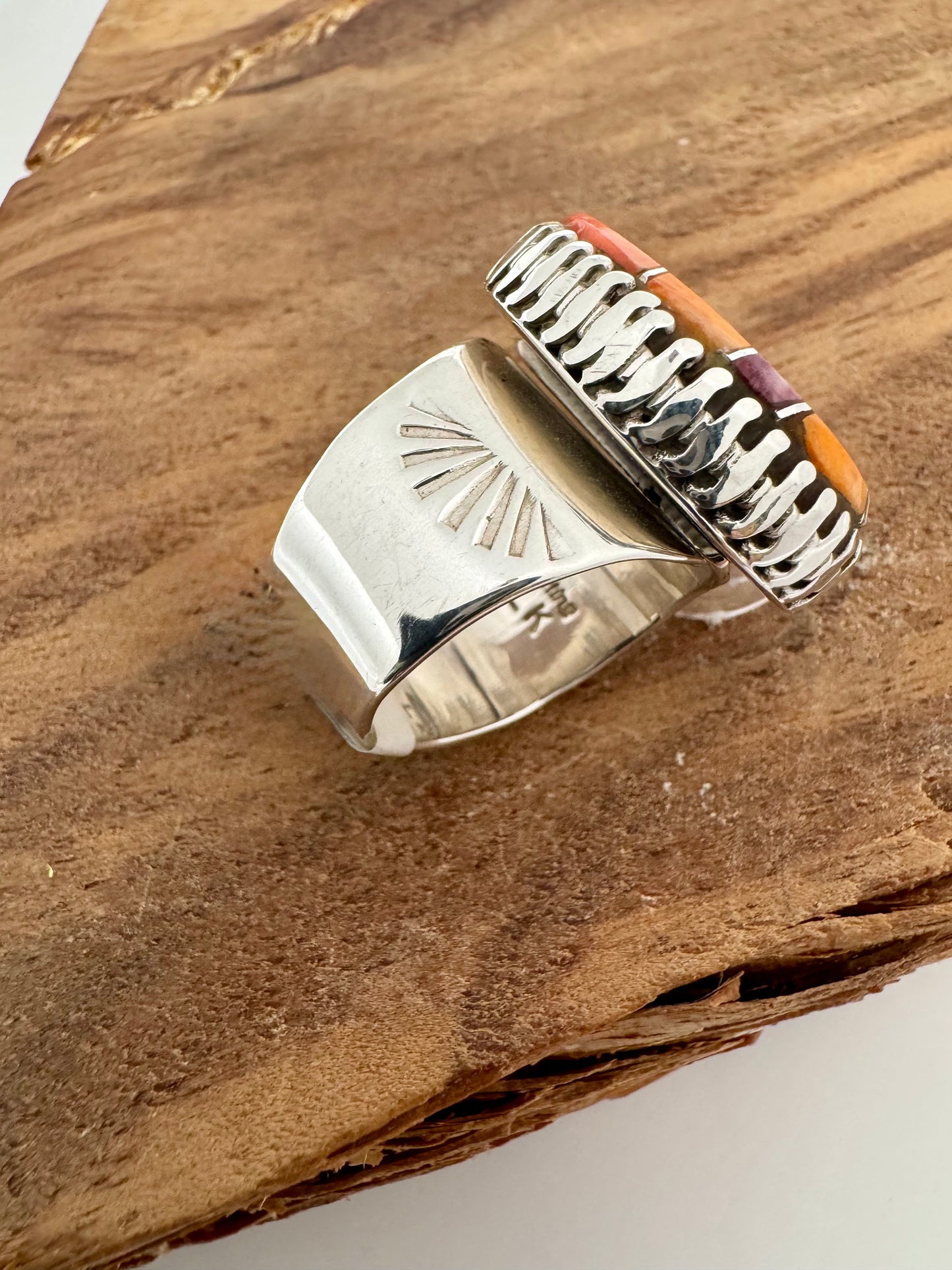 Orange & Purple Spiny Oyster Ring - Sterling Silver - Navajo Handmade - LK (artist) - Size 10/Adjustable