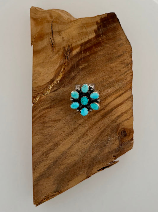 Sleeping Beauty Turquoise Cluster Ring - Sterling Silver - Native Handmade - Kathleen Livingston (artist) - Size 8