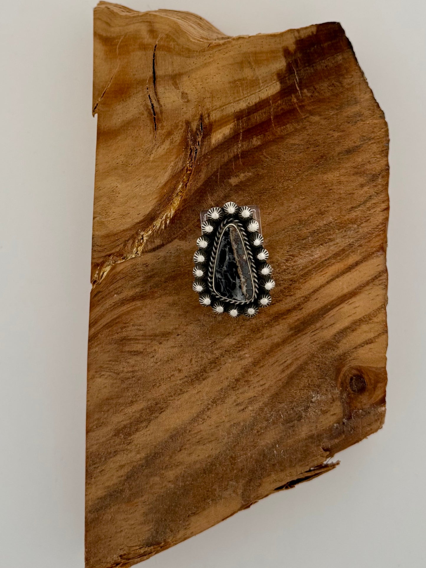 White Buffalo Triangle Ring - Sterling Silver - Native Handmade - Dan Henio (artist) - Size Adjustable