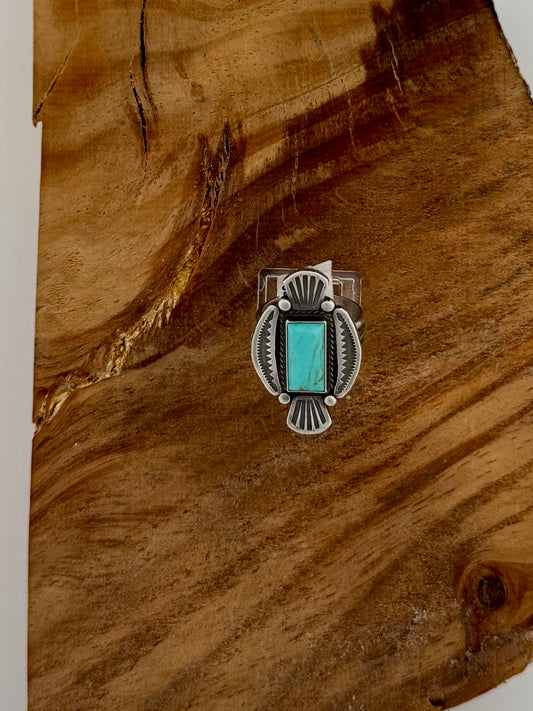 Arizona Turquoise Shield Ring - Sterling Silver - Native Handmade - M&R Calladito (artist) - Size 8.5