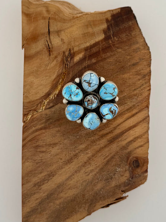 Cluster Ring - Golden Hills Turquoise - Sterling Silver  - Native Handmade - Bob Becenti (artist) - Size Adjustable