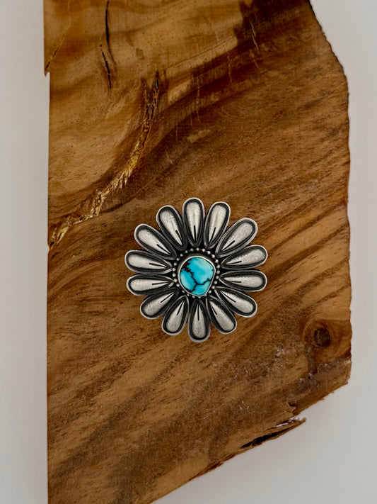 Daisy Shaped Ring - Golden Hills Turquoise - Sterling Silver - Native Handmade - Daniel Benally (artist) - Size 10