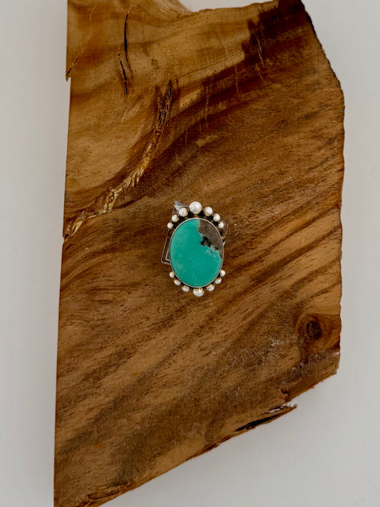 Campitos Turquoise Oval Ring - Sterling Silver - Native Handmade - OC and Chris Billie (artist) - Size 8