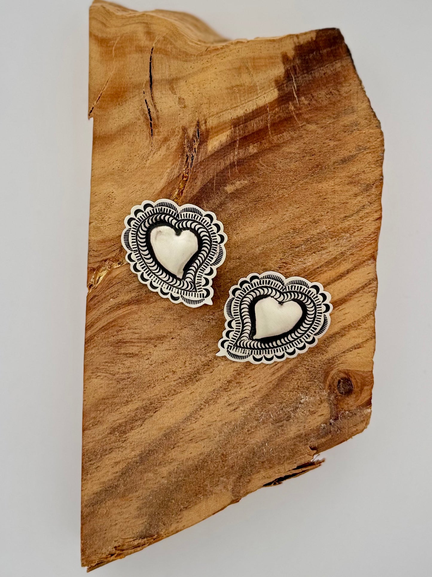 Sterling Silver Leander Tahe Heart Post Earrings- Artist- Leander Tahe- Navajo Handmade