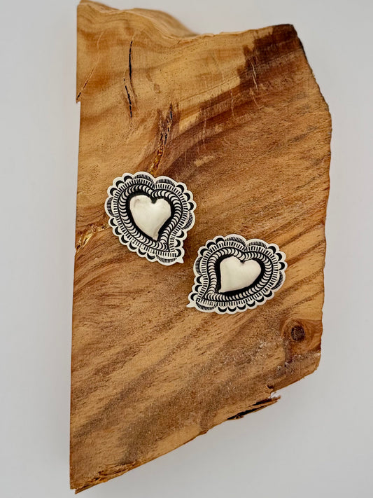 Sterling Silver Leander Tahe Heart Post Earrings- Artist- Leander Tahe- Navajo Handmade