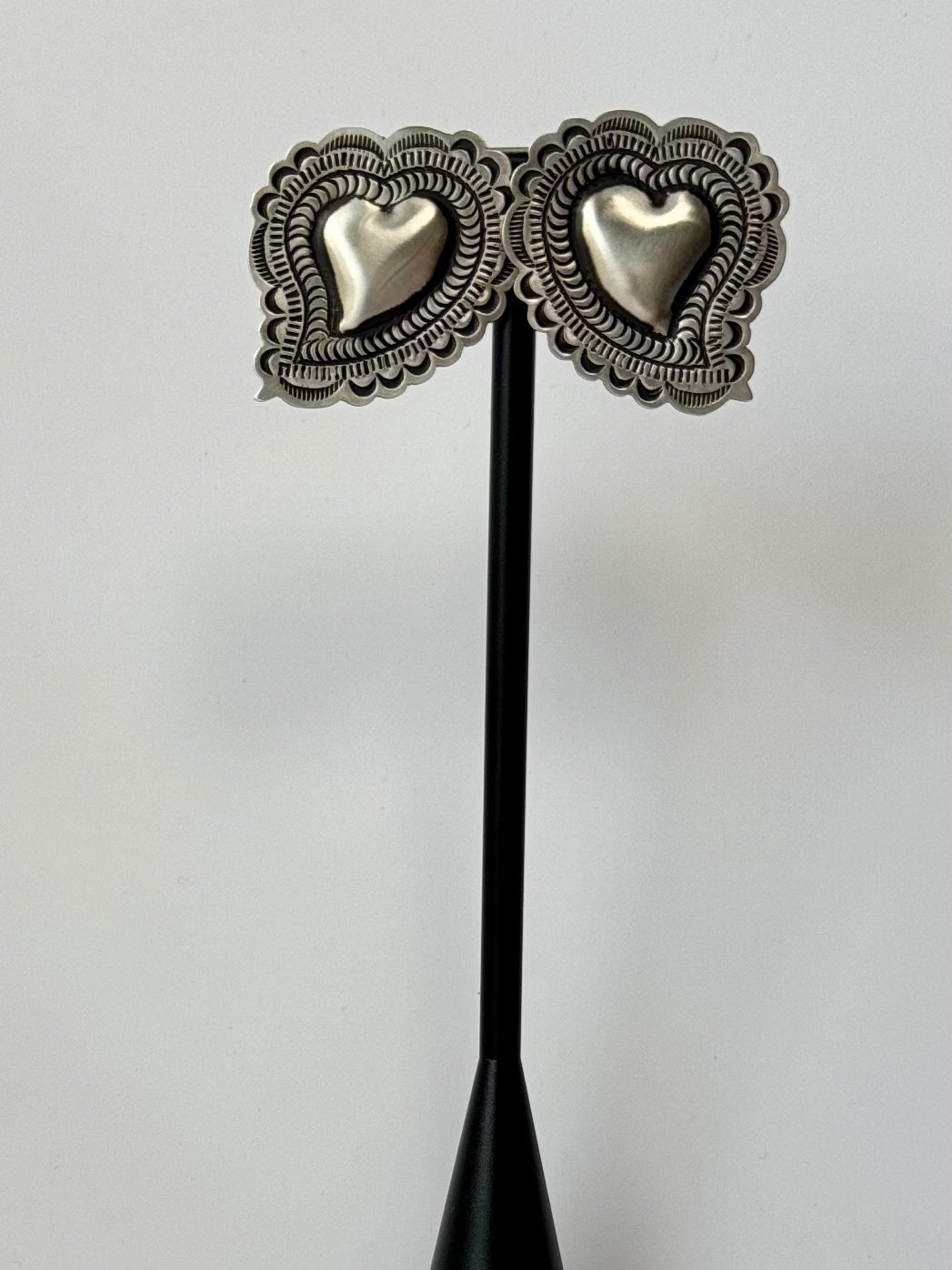 Sterling Silver Leander Tahe Heart Post Earrings- Artist- Leander Tahe- Navajo Handmade