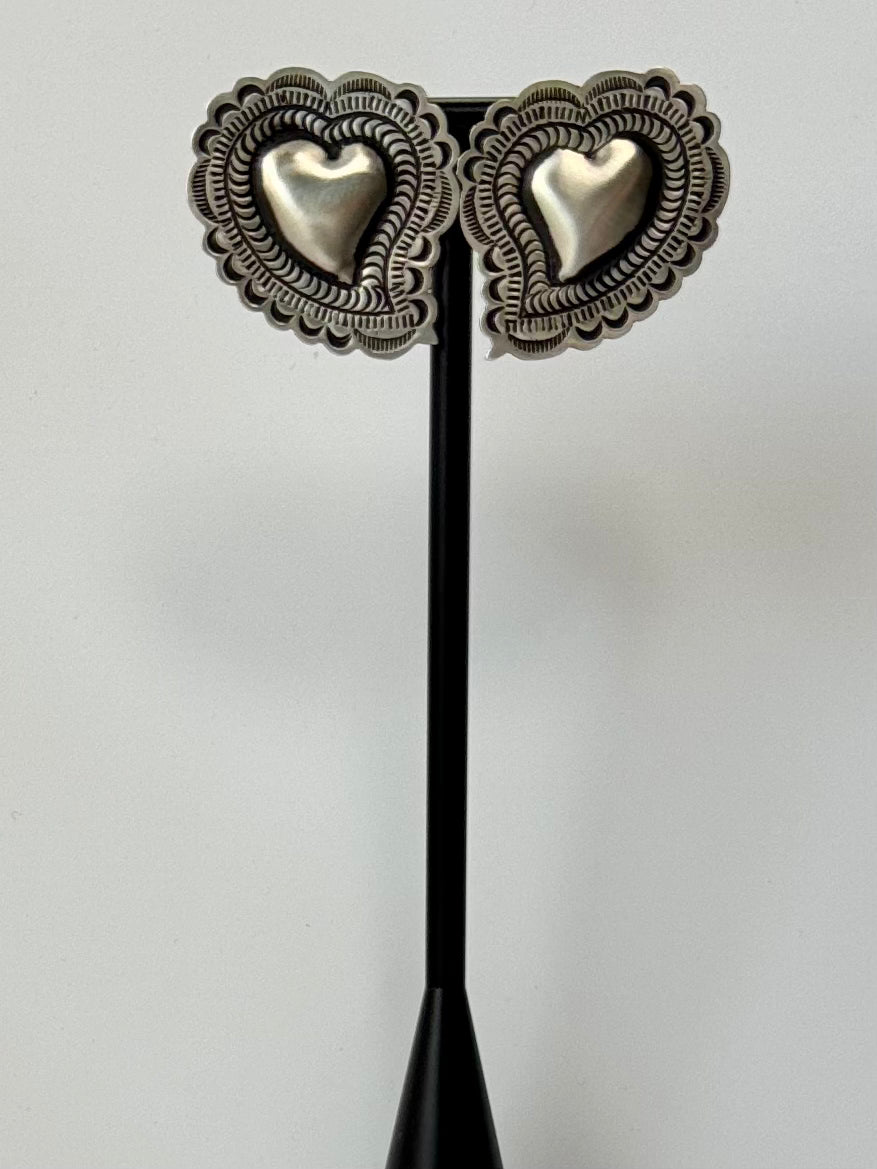 Sterling Silver Leander Tahe Heart Post Earrings- Artist- Leander Tahe- Navajo Handmade