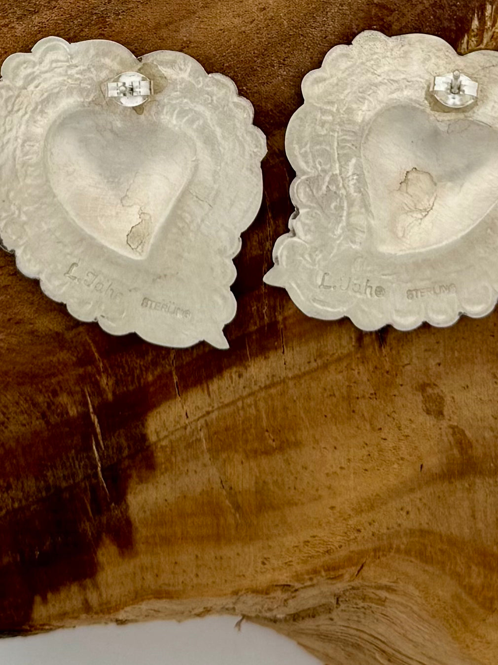 Sterling Silver Leander Tahe Heart Post Earrings- Artist- Leander Tahe- Navajo Handmade
