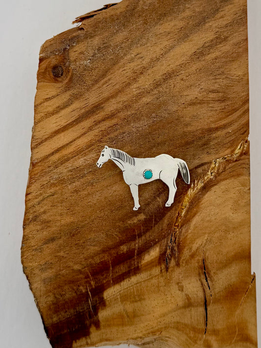 Sterling Silver Horse with Turquoise Pin- Artist- LP- Navajo Handmade