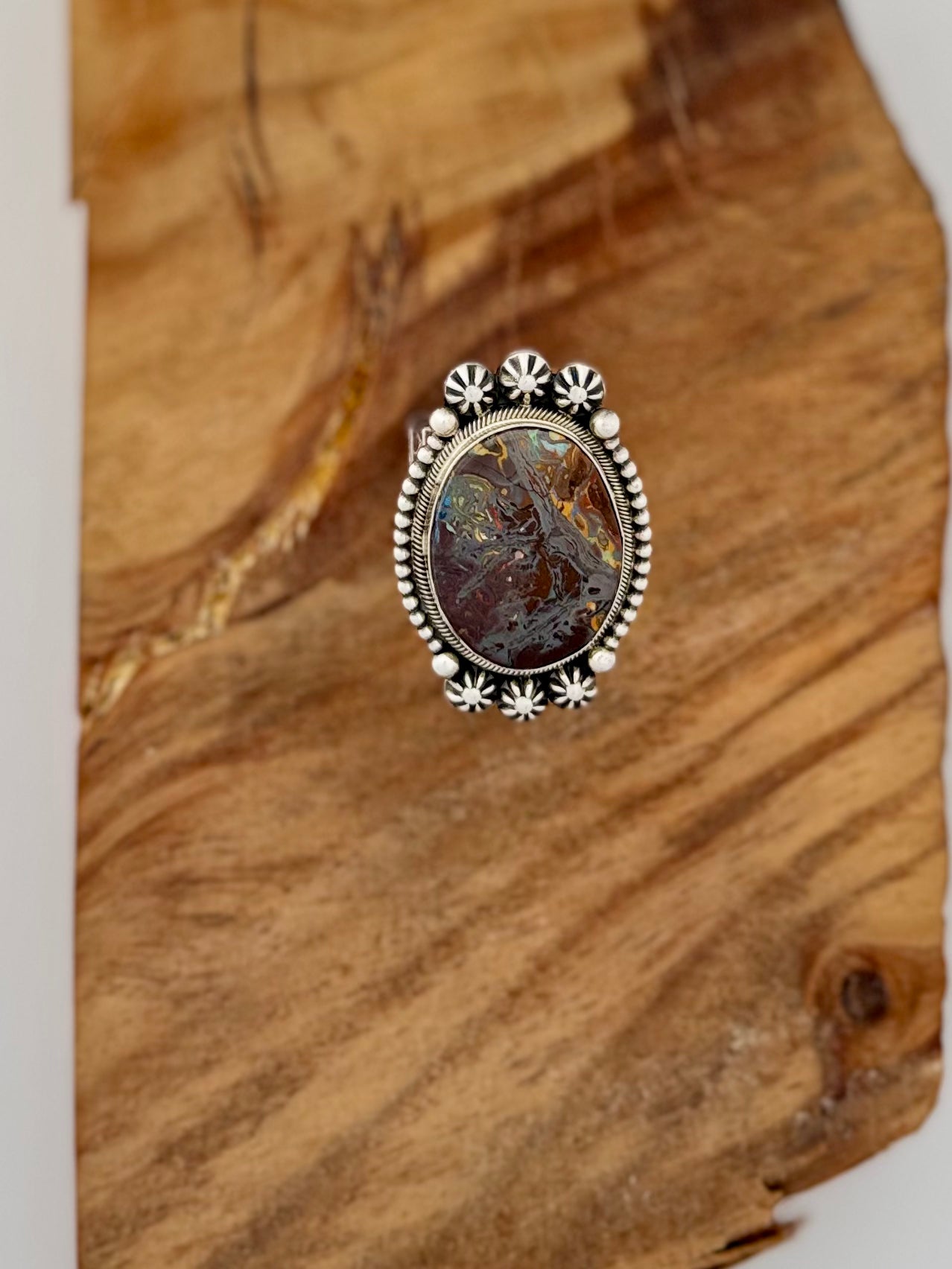 Sterling Silver Boulder Opal Ring -Artist- D. Benally- Size Adj. -Navajo Handmade